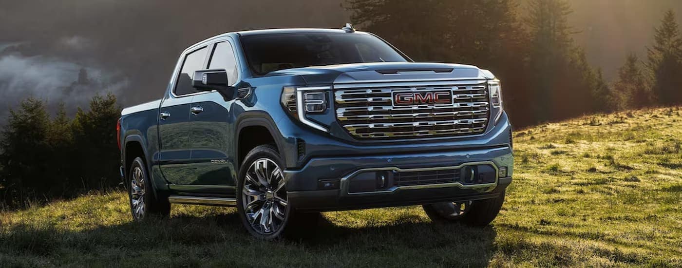 A blue 2025 GMC Sierra 1500 Denali parked off-road.